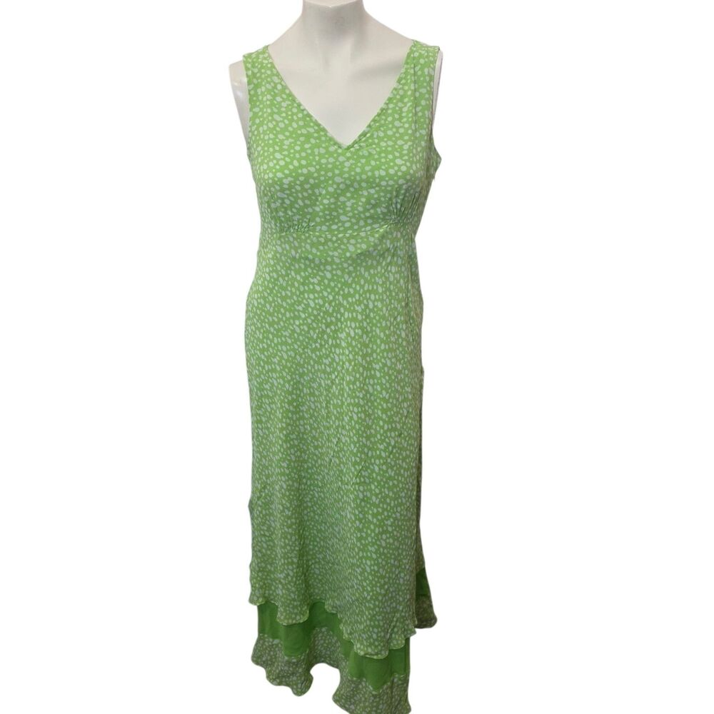 Cynthia Howie Silk Dress 8 Green White Polka‎ Dot Pleated A-Line Vintage Retro